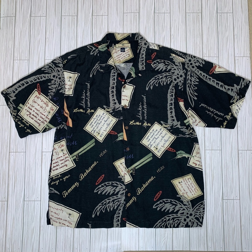 Tommy Bahama Men’s XL Silk Short-Sleeve Shirt Black With Notecard and Palm Trees